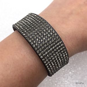 Rhinestone and Leather Wrap Bracelet, Gray